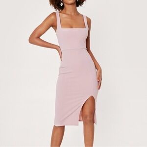 Square neck bodycon slit midi dress Light Pink